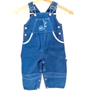 J & C Blue Denim Dungarees 18 Months Adjustable Shoulder Straps Embroidered Bib